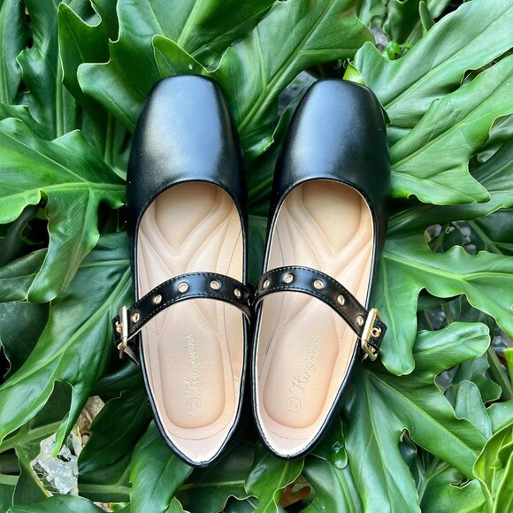 Women Pu Black Polyurethane (PU) Closed Toe Strap Buckle Ballerina Flats Shoes - Picture 6 of 6